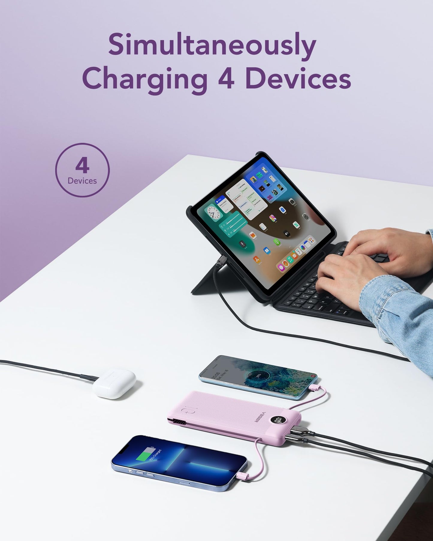 VEGER Portable Charger for iPhone Built in Cables and Wall Plug, 10000mah Slim Fast Charging USB C Power Bank, Travel Essential Battery Pack Compatible with iPhones, iPad, Samsung More Devices(Purple)