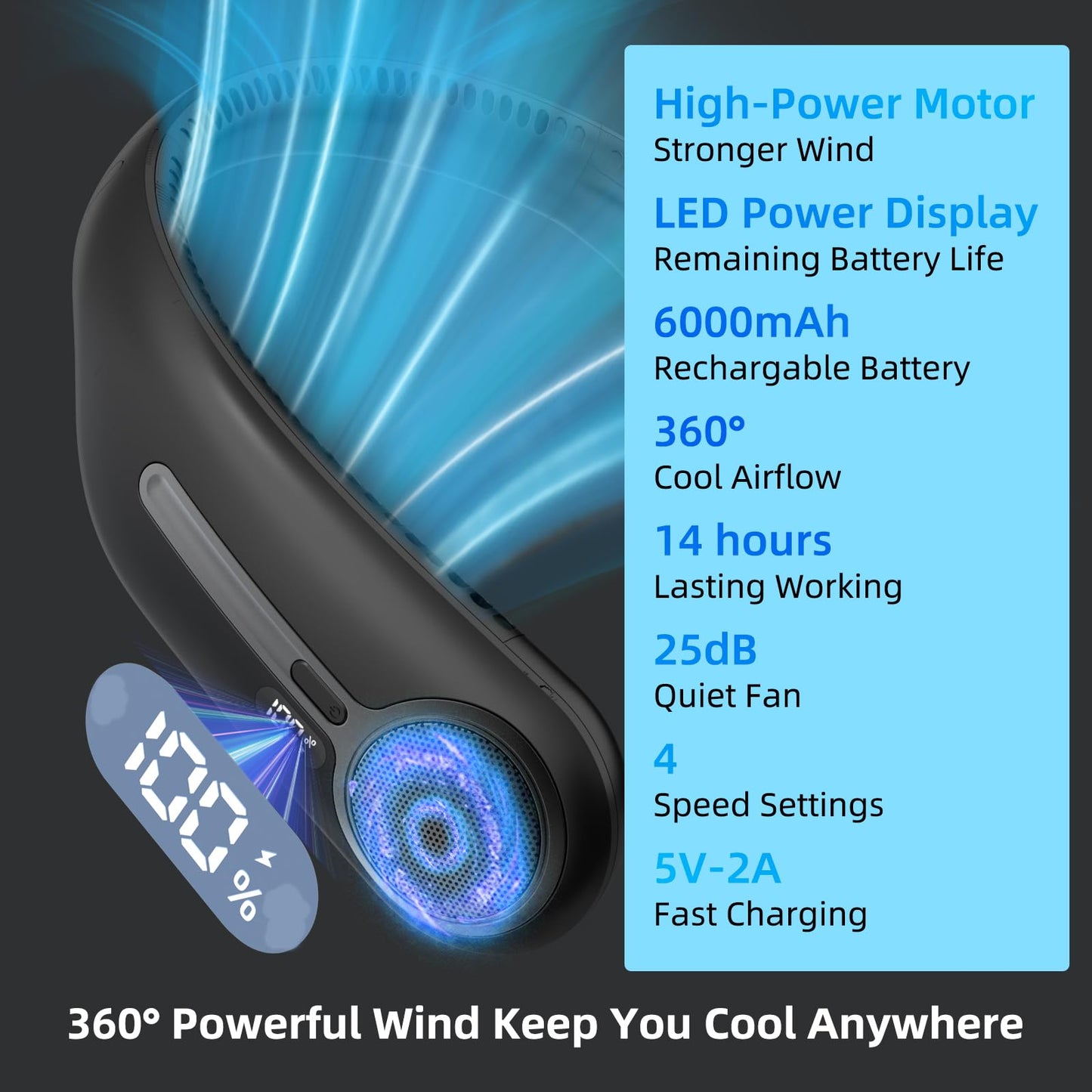 Portable Neck Fan,Gift Ideas,Personal Wearable Bladeless Fan,360° Cooling,LED Display,4-Speeds,6000mAh Rechargeable,Powerful Wind,Outdoor Travel Camping,Birthday Gifts for Men Women Dad Mom (Black)