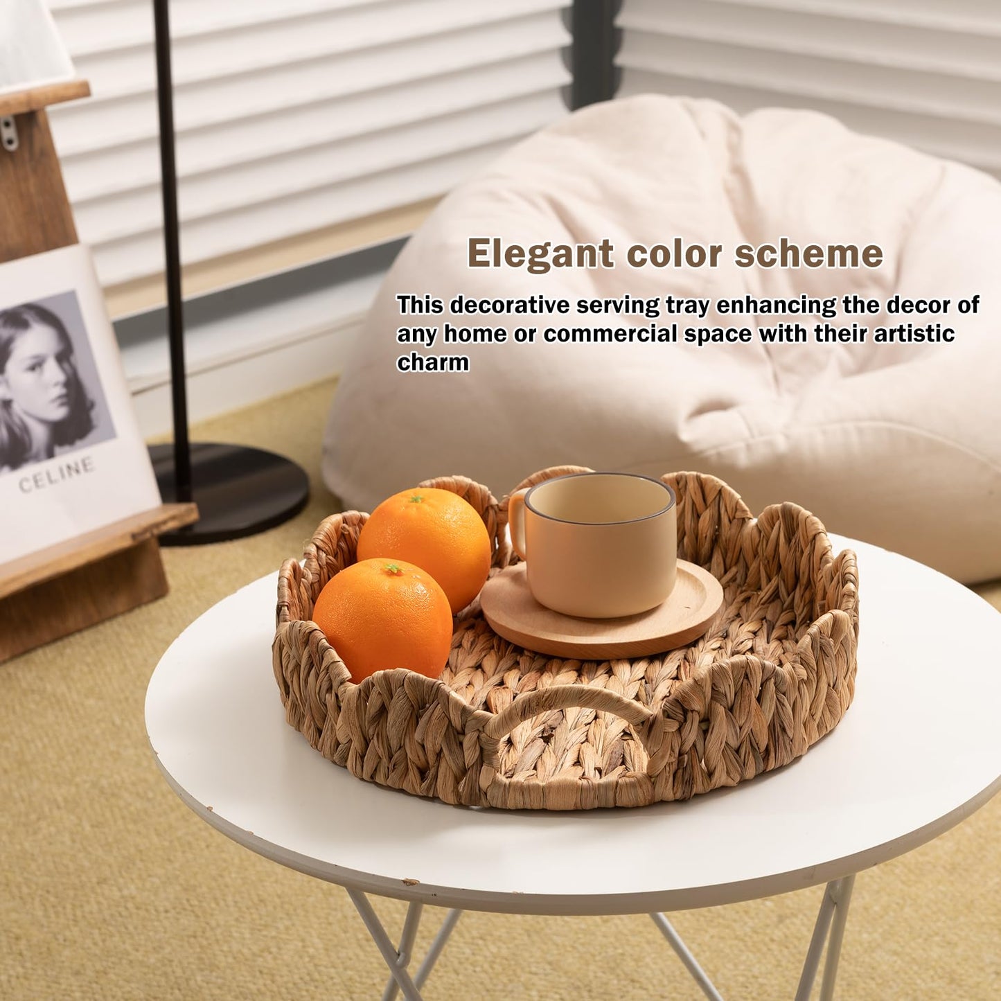 ATEDIR Round Serving Tray, 2-Pack Wicker Basket Tray with Handles, Rattan Woven Decorative Serving Tray, Natural Water Hyacinth Scalloped Tray for Home Decor and Desk Organizer Tray