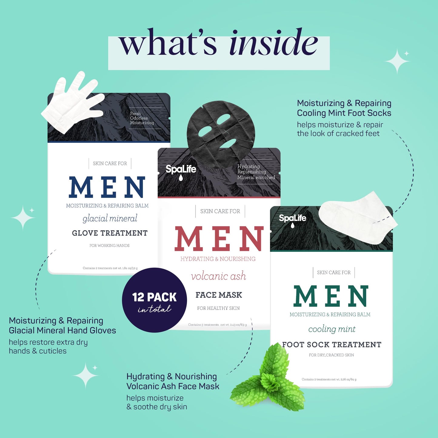 SpaLife Men's 12-Piece Spa Set: Repairing Hand Gloves for Dry Hands, Cooling Mint Foot Socks for Cracked Heels, and Moisturizing Face Mask Ultimate Men Grooming and Relaxation Gift Kit