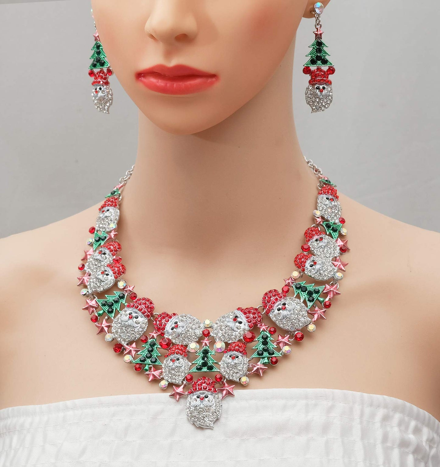 Luxury Statement Bib Necklace Earrings Santa Claus Christmas Tree Element Party Costume Jewelry Set Xmas Gift for Women