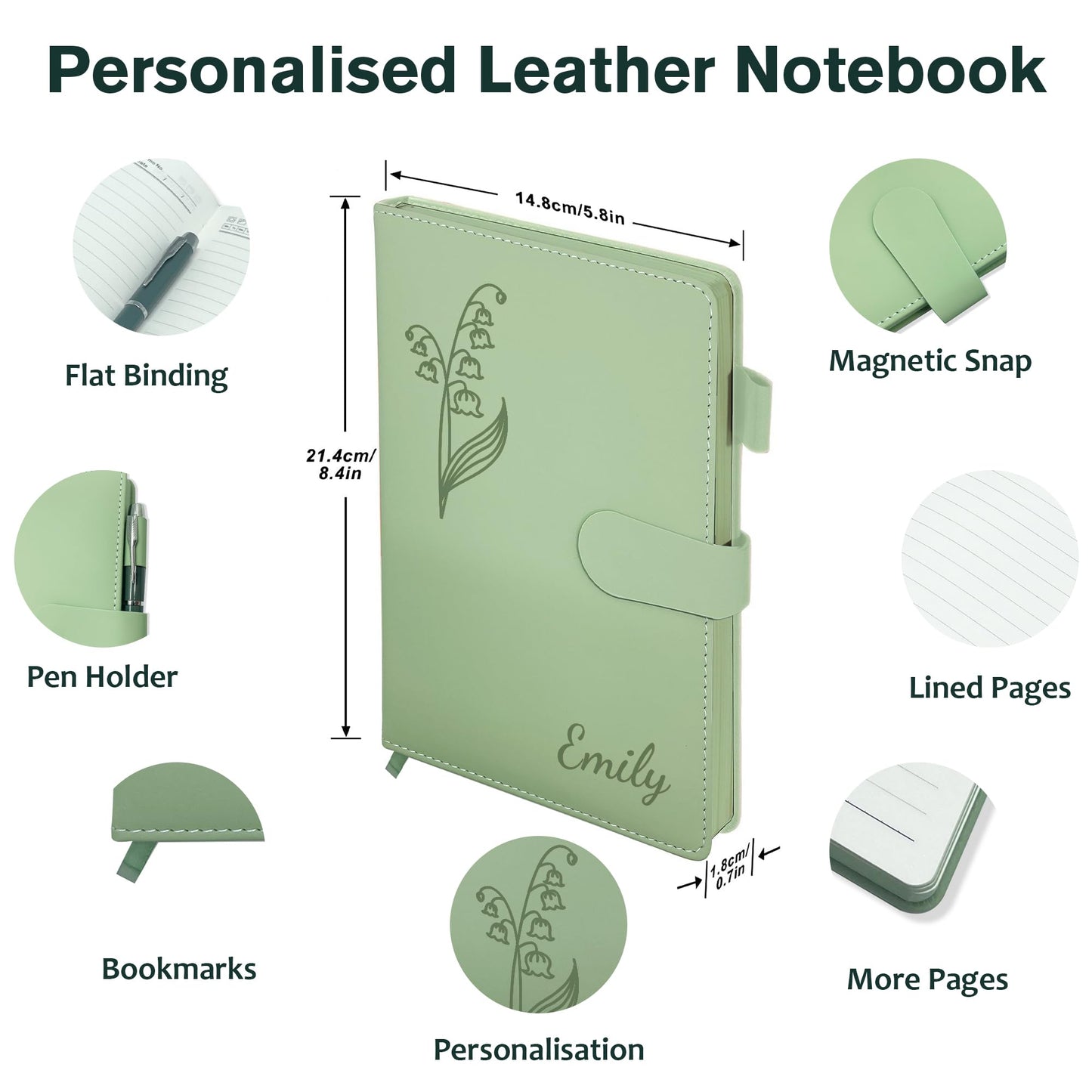 Personalized Leather Journal with Gifts Box & Pen, Custom Notebooks Diary with Engraved Birth Flower Name, Birthday Gifts for Women, Christmas Office Gift for Bridesmaid Students Teacher Mom Friend