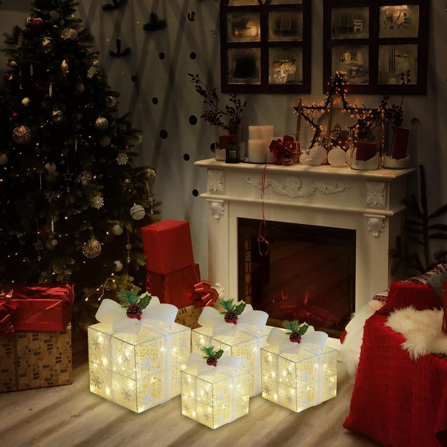 Christmas Lighted Gift Boxes, Set of 4 Christmas Decorations, Battery Operated Xmas Present Boxes, Warm White LED with Bows for Indoor Christmas Tree, Yard, Home Decor