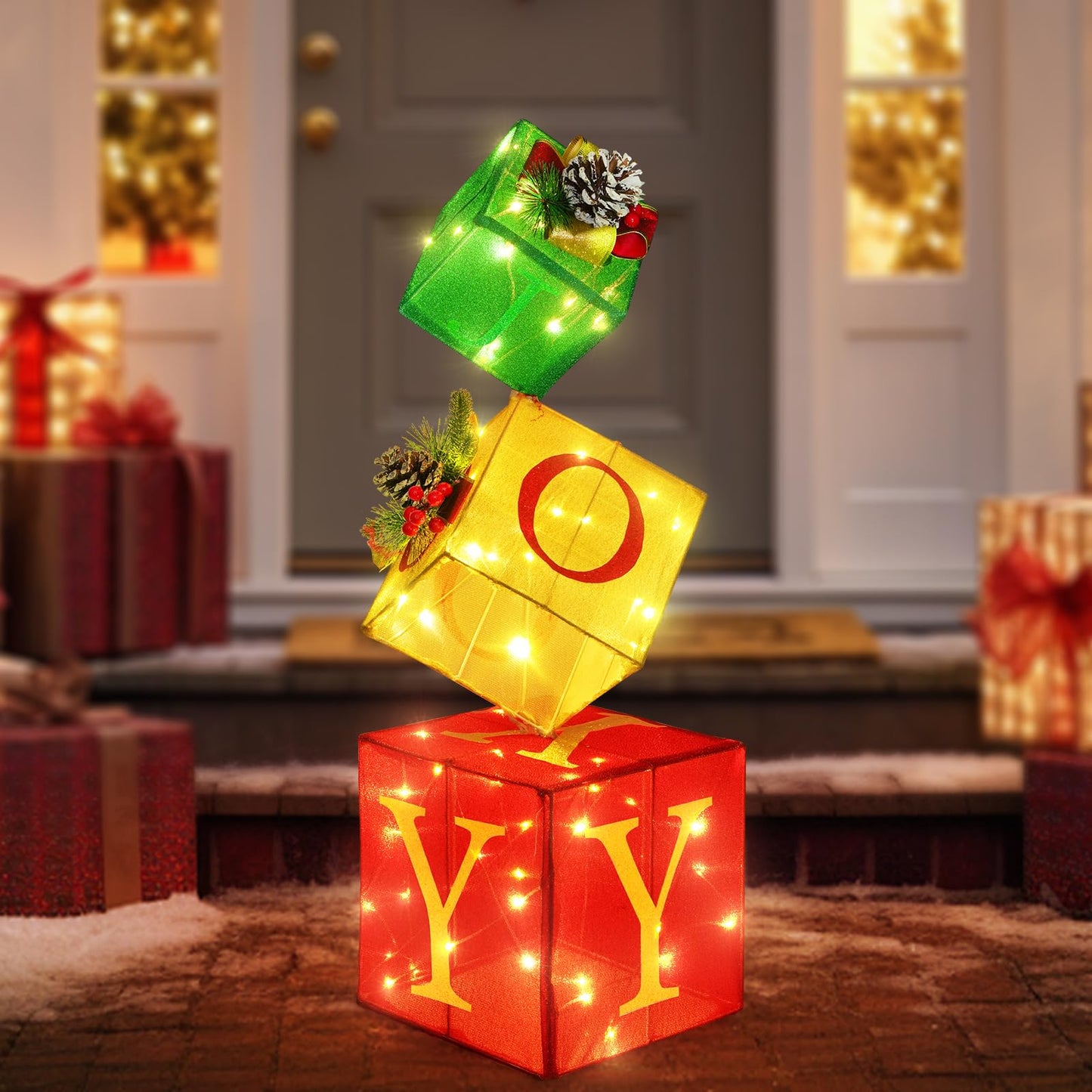 COVFEVER Christmas Joy Lighted Gift Boxes Decorations Set of 3, 2.6Ft Stackable Christmas Nesting Boxes Battery Operated for Home and Party Decoration