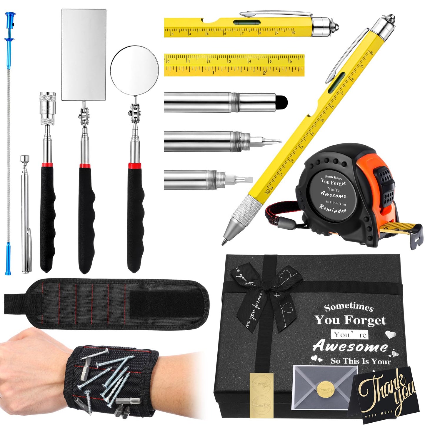 Tandefio Dad Gifts Multifunctional Tool Set Father's Day Gifts for Men Adults Magnetic Pick up Set 7 in 1 Multitool Pen Measuring Tape with Box for Home Bike Fast Repair