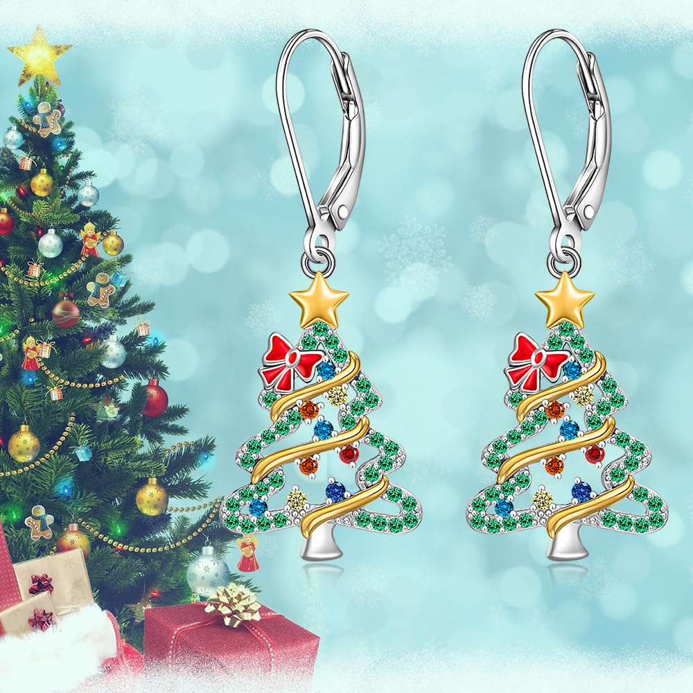Christmas Tree Earrings Christmas Earrings Women Sterling Silver Dangle Drop S925 Leverback Green Tree X Mas Jewelry