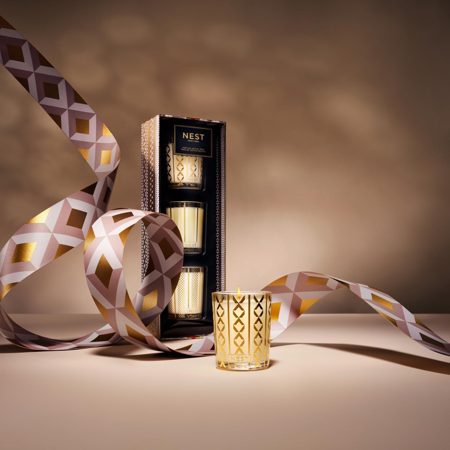 NEST New York Festive Scented Votive Candle Trio - 2 oz Each - Includes Holiday, Birchwood Pine, Crystallized Ginger & Vanilla Bean - Up to 28-Hour Burn Time - Reusable Glass Vessel