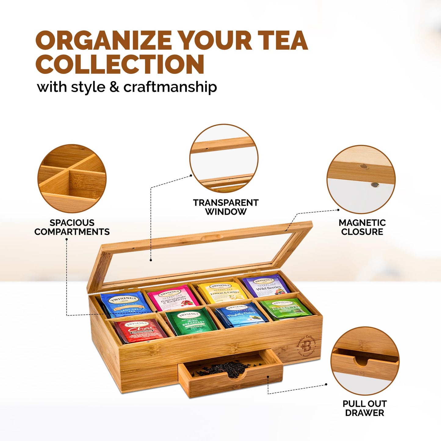 Tea Bag Organizer - Bamboo Tea Box Storage with Drawer & Acrylic Window, Tea Organizer Holder, Tea Bag Holder, Tea Storage Box, Tea Box Organizer, Holiday Gift Idea for Home Kitchen (Tea Not Included)