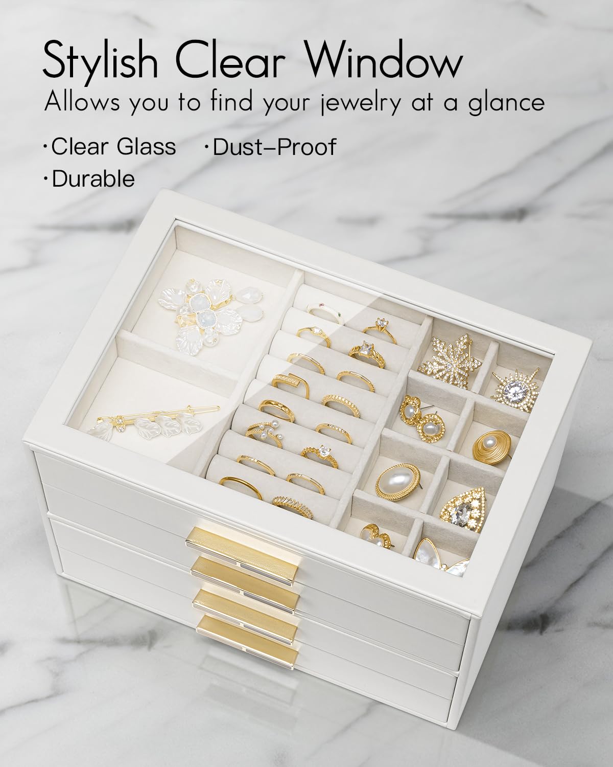 Vlando Jewelry Box for Women, Glass Lid Jewelry Organizer with 4 Drawers for Necklaces Rings Earrings Bracelets Christmas Gift - White