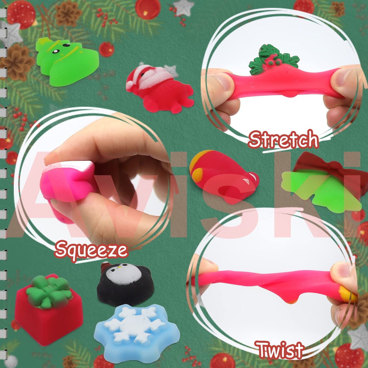100PCS Christmas Mochi Squishy Toys, Mini Kawaii Christmas Squishies Soft Fidget Toys Stress Squeeze Toys Party Bags Filler, Small Stocking Stuffers for Boys Girls Birthday Gifts