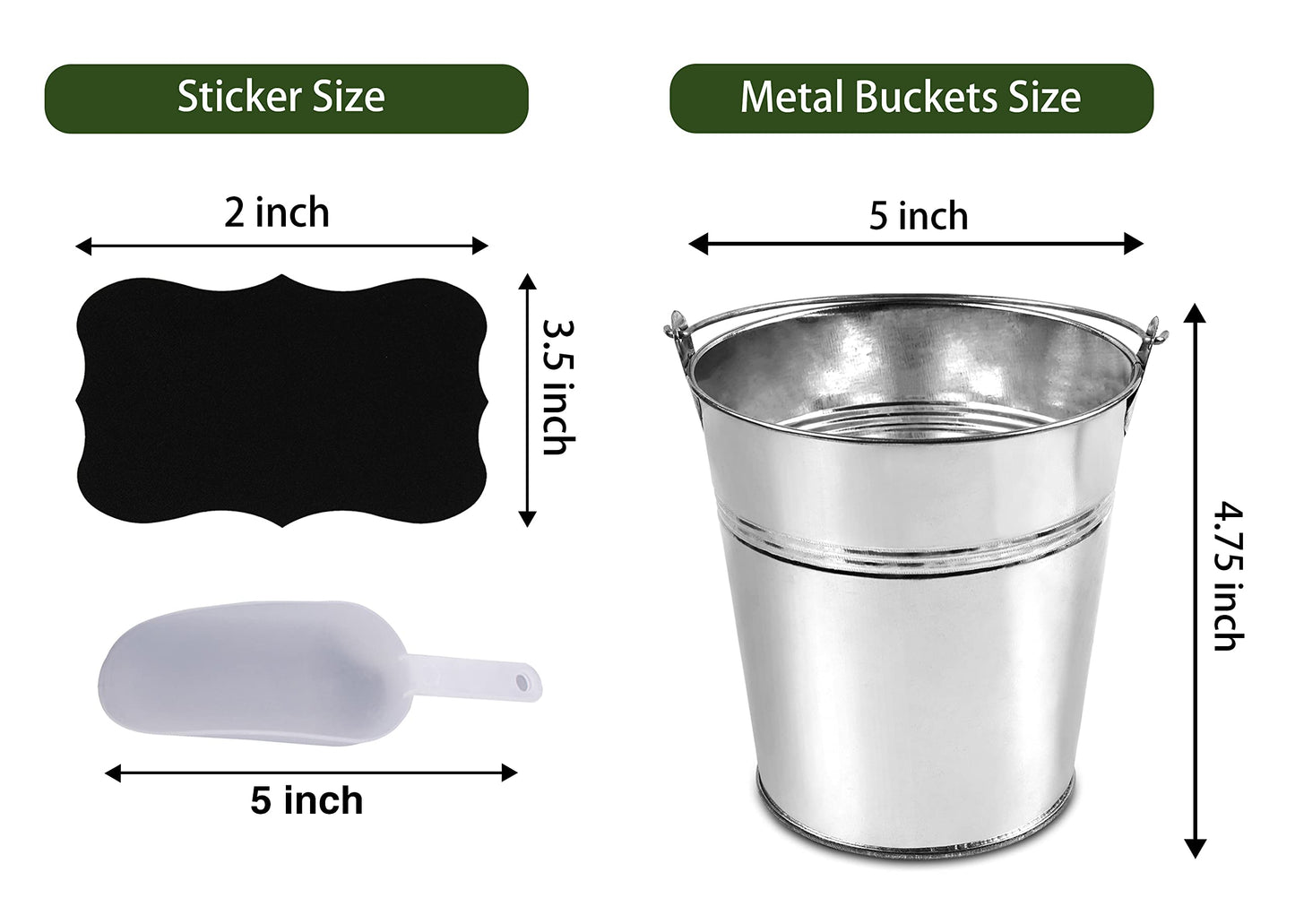 6 Metal Buckets With Chalkboard Stickers and Plastic Kitchen Scoops, Small Galvanized, for Birthday, Wedding Party, Garden Planters, Party Supplies, Decorations, 5 Inch Tin - (Tie 6)