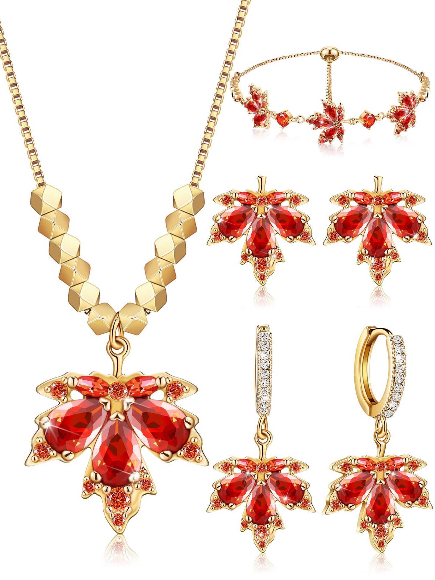 Sasylvia 4 Pcs Autumn Maple Leaf Fall Jewelry Set for Women Necklace Rhinestone Bracelet 2 Maple Leaf Earring Accessory Gift(Vintage)