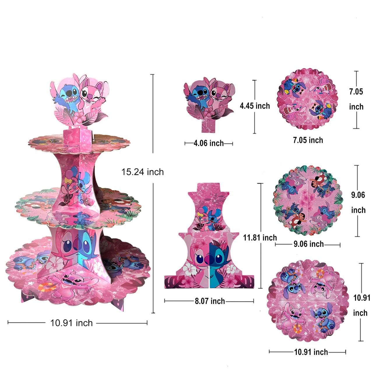 3-Tier Cupcake Stitch Pink Stand with 24Pcs Cupcake Toppers Stitch Birthday Decoration Party Supplies