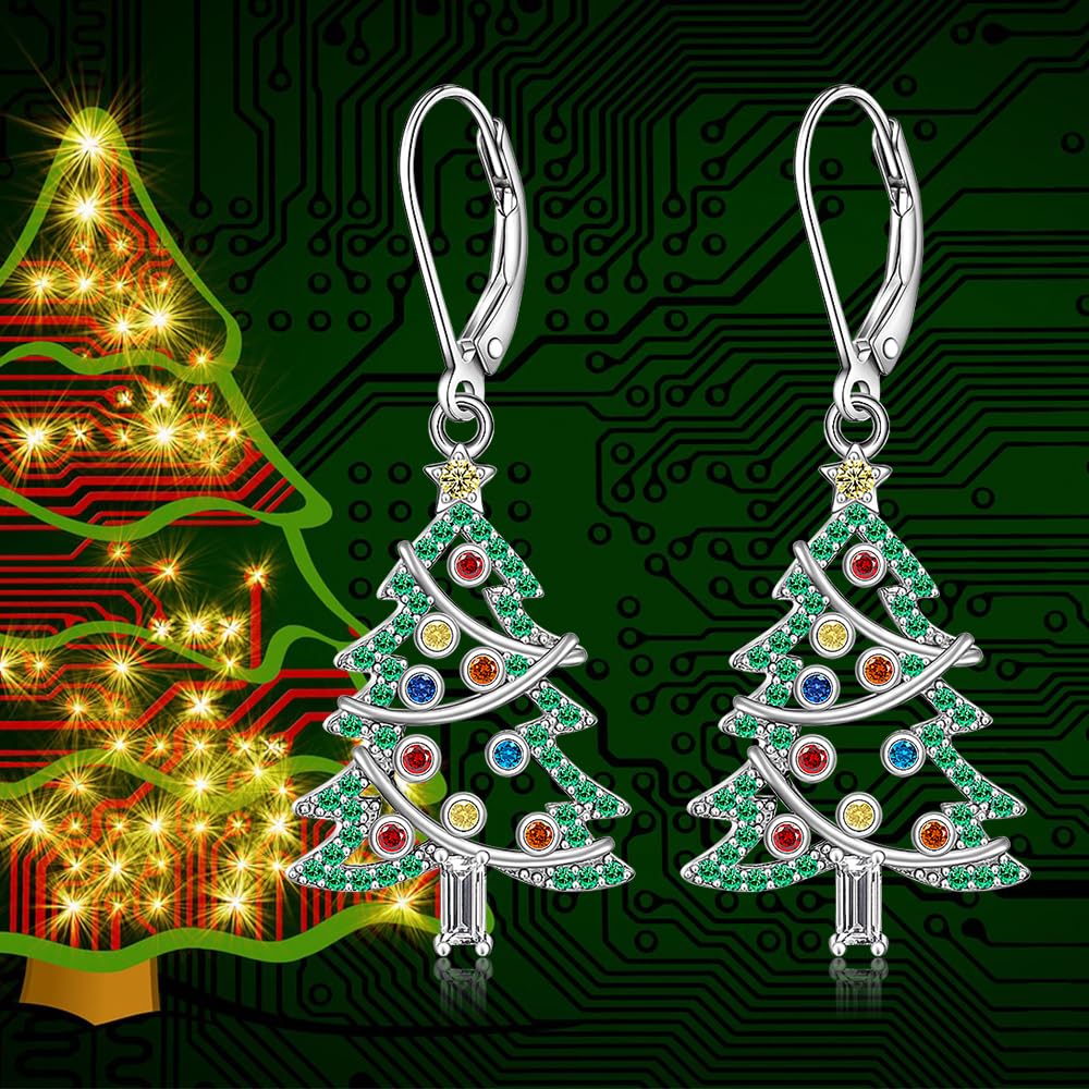 Christmas Tree Earrings Christmas Earrings for Women Sterling Silver Green Xmas Tree Winter Dangle Colorful Jewelry Charms Holiday Birthday Gift