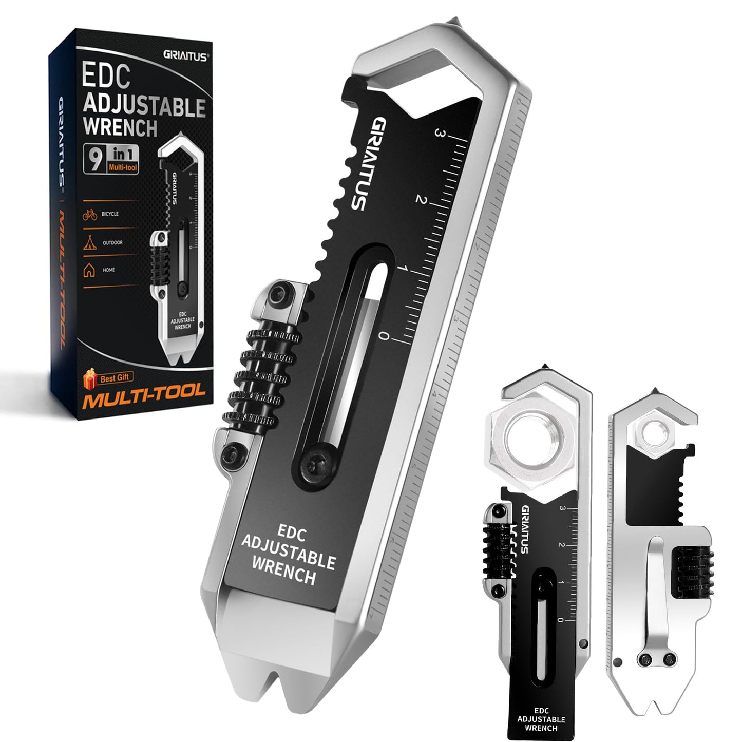 Small Multitool Wrench 9 in 1 Pocket Adjustable Wrench for Screw with Mini Pry Bar Nail Puller Keychain Tool Caliper Measuring Ruler Glass Breaker EDC Gadget Survival Gear for Men Cycling Hiking