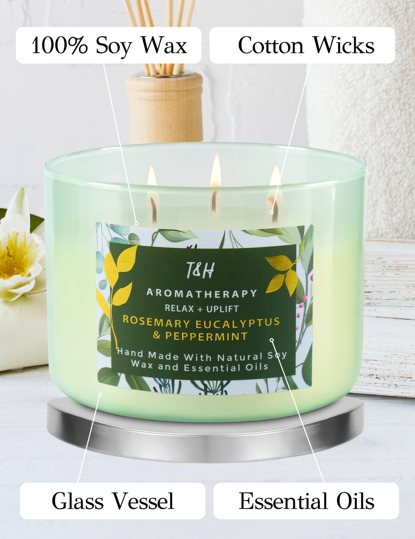 Rosemary Eucalyptus Peppermint Candle | Highly Scented Large 3 Wick Soy Candle 15.8 oz | Uplifting Eucalyptus Mint Scented Candles for Home | Aromatherapy Stress Relief Spa Candles for Men & Women