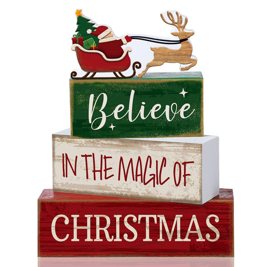 Lineshading 4 Pcs Christmas Table Decoration Wooden Santa Claus Decor Christmas Tiered Tray Decor Decorative Santa Claus Elk Block Sign Gift Farmhouse Xmas Table Centerpiece for Home Kitchen Shelf