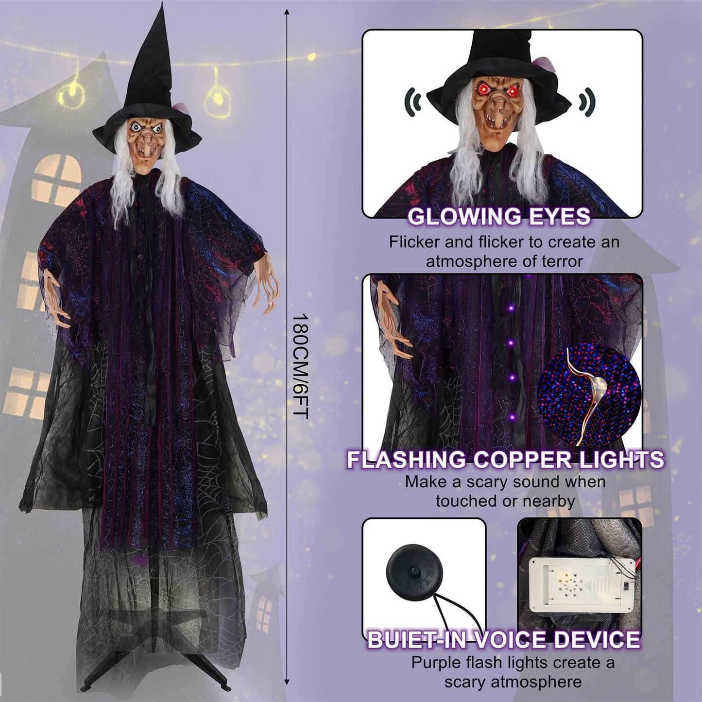 yosager 6FT Halloween Standing Witch with Scary Sound Effect & Red Eyes, Life Size Animated Scream Witch with Base, Halloween Haunted House Scary Props, Theme Park Horror Layout Party Decoration