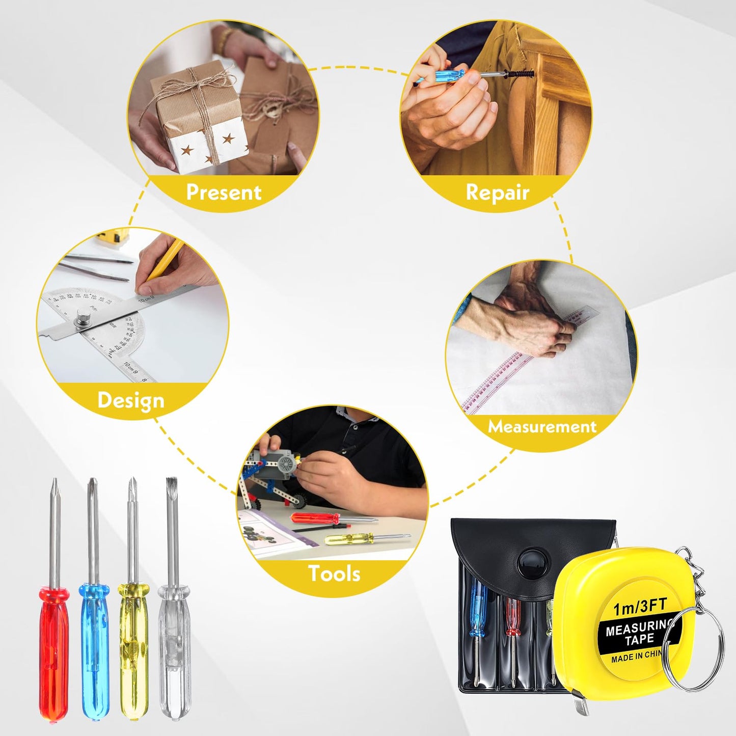 24 Pcs Tape Measure and Screwdriver Keychain Set, 1.5 Inch Functional Mini Tape Measures with Stable Slide Lock Construction Party Favors Measure for Birthday Party Favors Gift Bag Fillers 1m/ 3ft