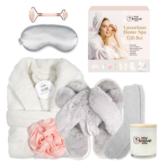 my novel things Birthday Gifts for Women,Spa Robe and Slippers Set, Bathrobe With Silky Satin Sleep Mask, Scented Candle Self Care 7 Pack Suitable for Christmas Thanksgiven Day Grey