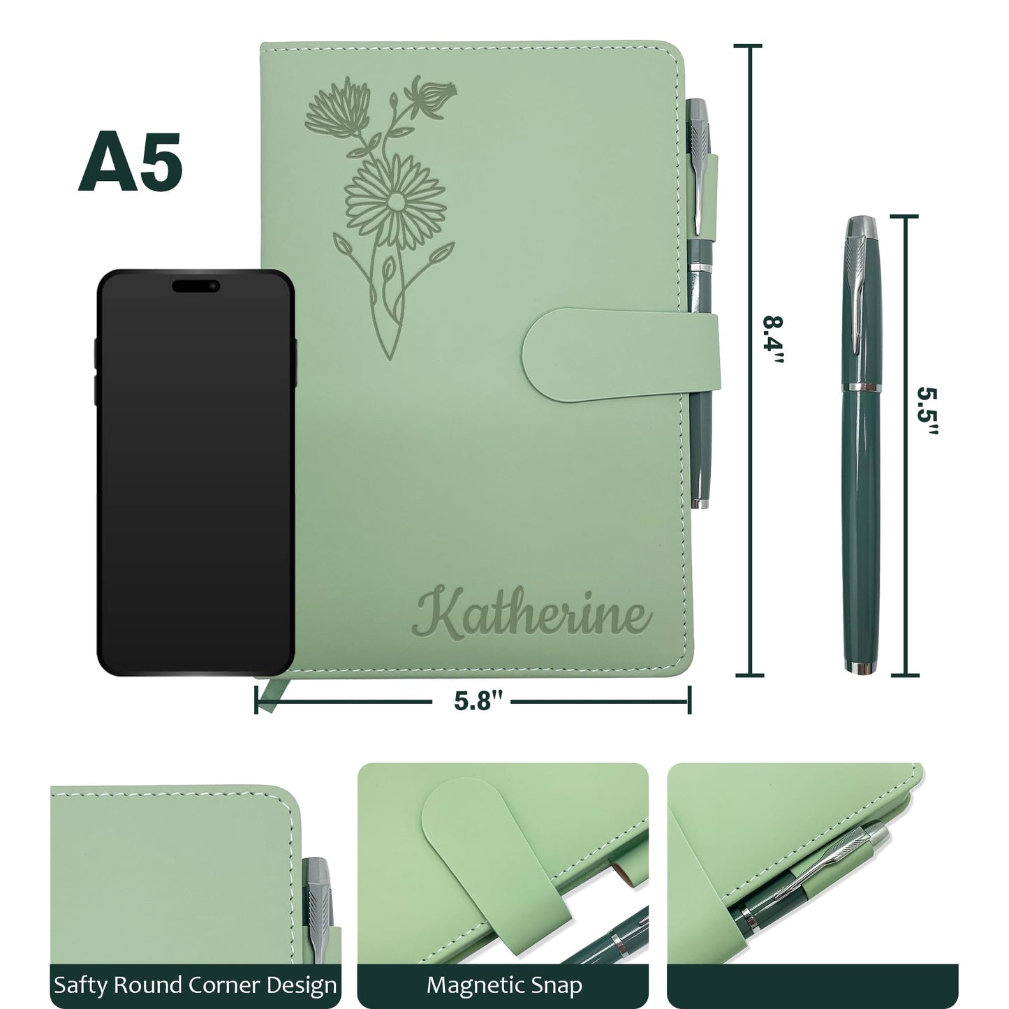 Personalized Leather Journal with Gifts Box & Pen, Custom Notebooks Diary with Engraved Birth Flower Name, Birthday Gifts for Women, Christmas Office Gift for Bridesmaid Students Teacher Mom Friend