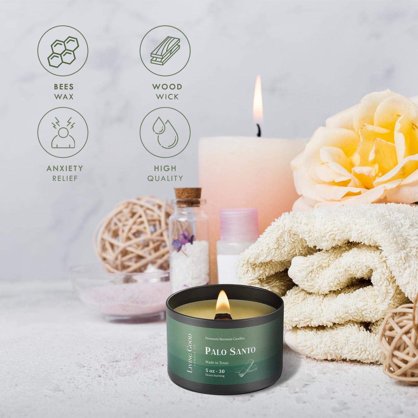 Palo Santo Pure Beeswax Candle Tin - 30+ Hours Long Burning Classically Designed Non-Toxic Scented Candles for Home Decor and Aromatherapy to Stress & Anxiety Relief with Natural Fragrance - 5 oz