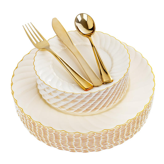 YOUBET 125PCS Scalloped Plastic Plates - Ivory Scalloped Disposable Plates - Gold Plastic Dinnerware Set Include 50 Plates, 75 Gold Silverware for Party & Wedding