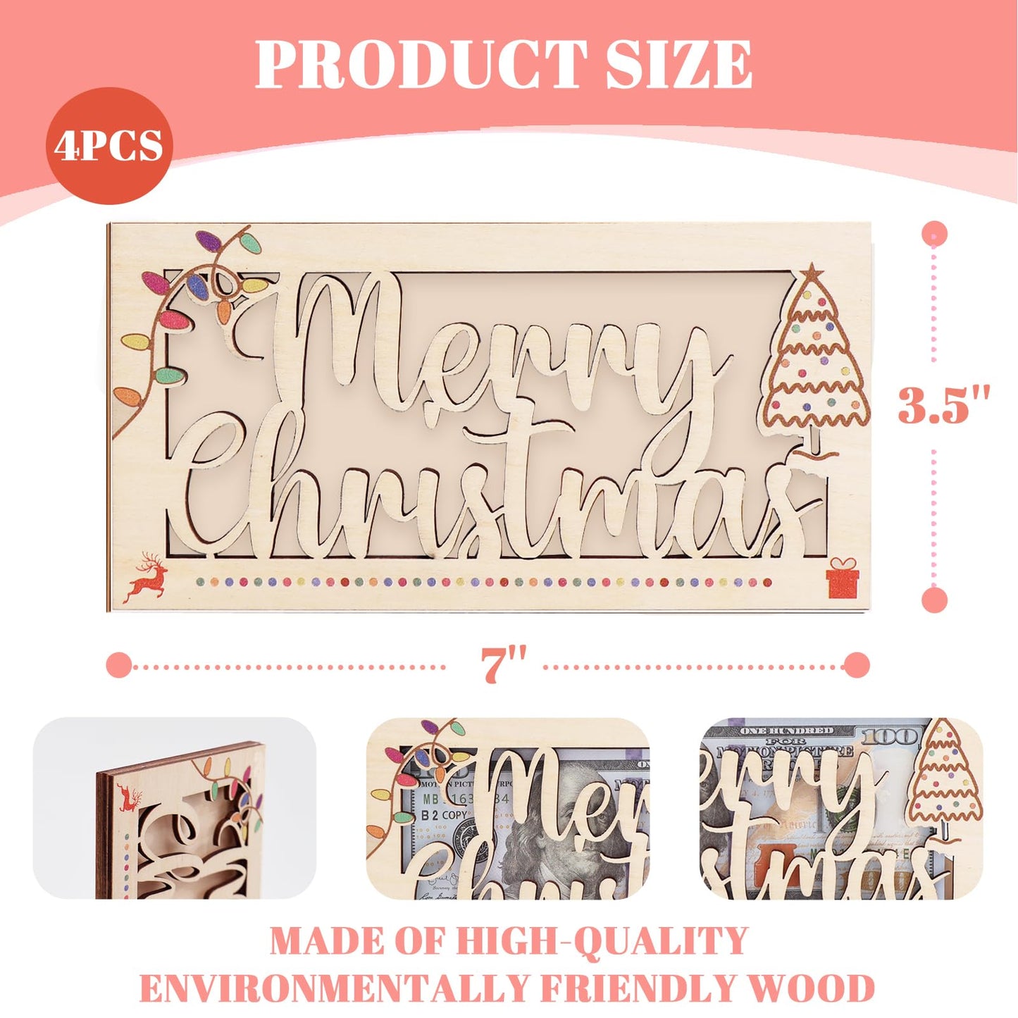 4 PCS Christmas Unique Money Holder Xmas Cash Holder, Fun Ways to Give Money as a Gift, Wooden Cash Envelope Money Wallet Christmas Money Gift DIY Money Clip Christmas Party Gift