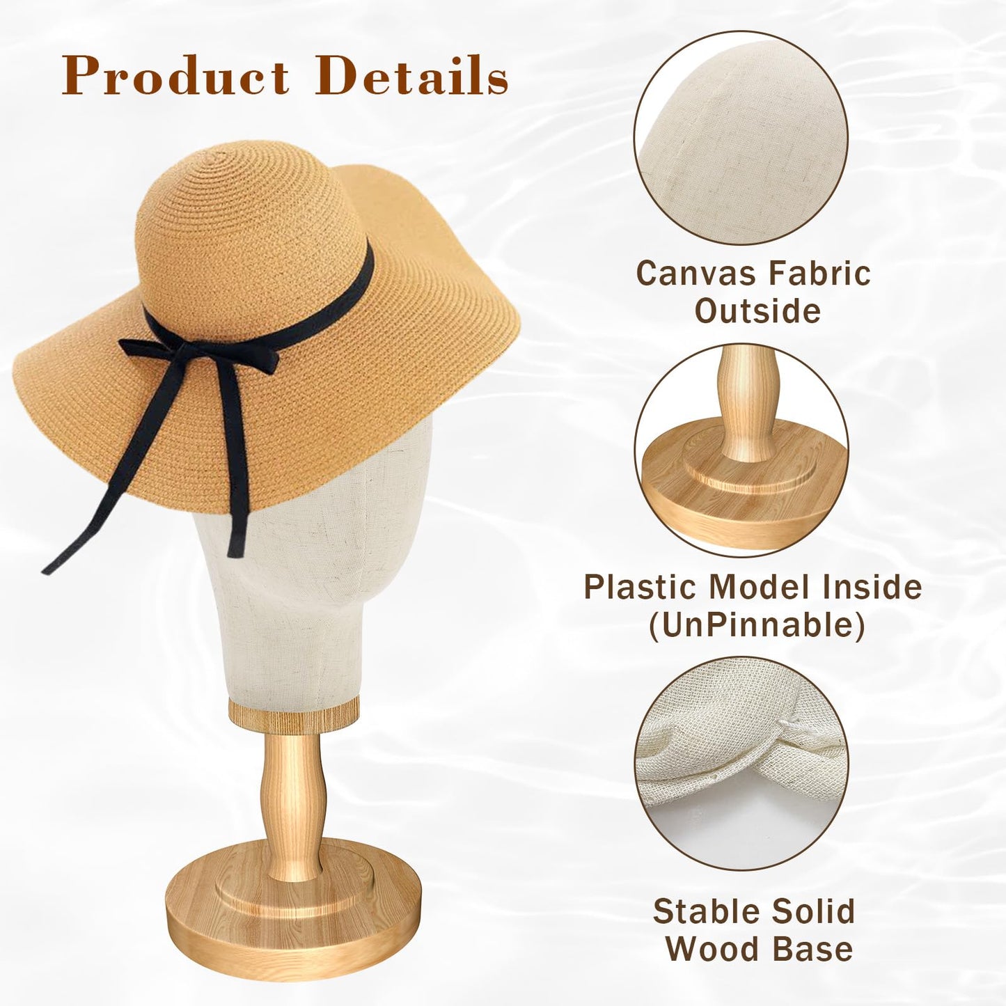 Wig Stand, 22inch Mannequin Head with Detachable Wood Base,Canvas Head Holder for Hair Styling Jewelry Glasses Headband Display, Wig Stand for Wigs,Hats, Caps, Headdress, Beige
