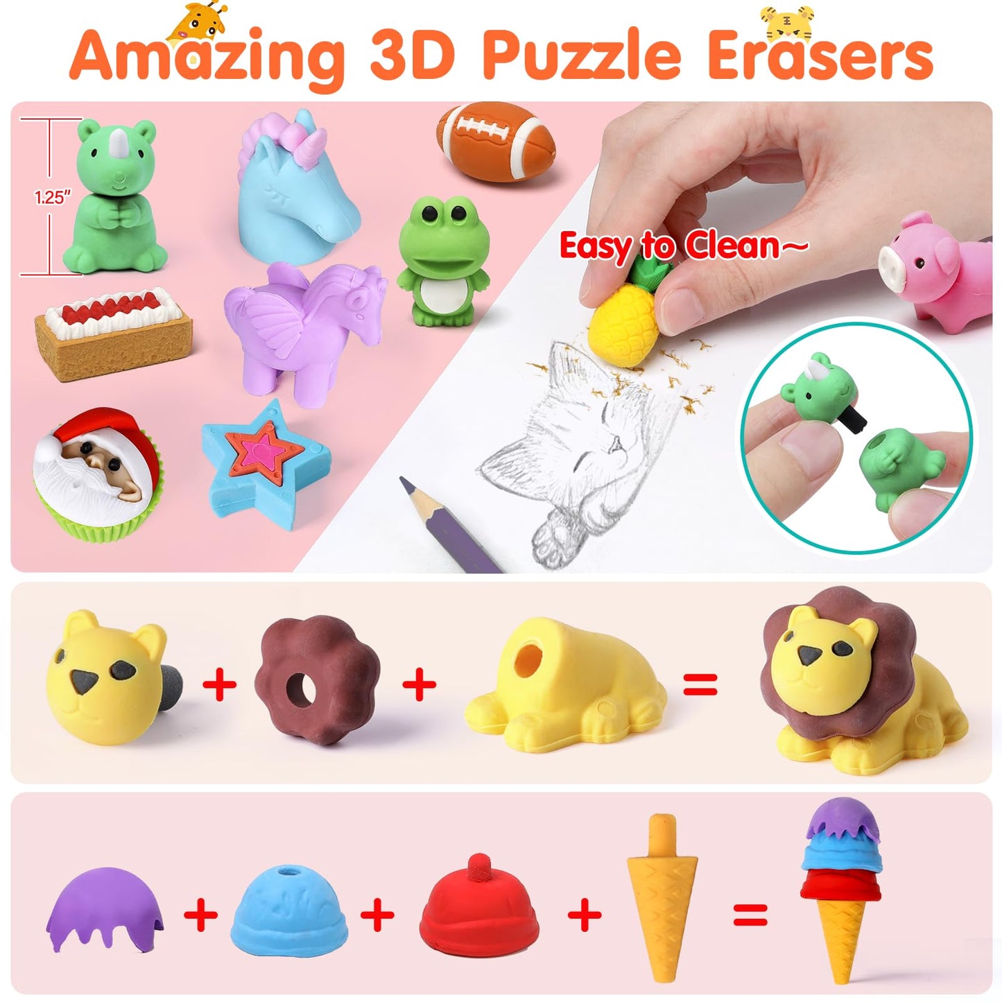Moosia 120 Pack Animal Pencil Erasers for Kids, 3D Mini Puzzle Take Apart Erasers, Desk Pets & Treasure Box Toys, Bulk Party Favors, Classroom Prizes, School Supplies, Gift for Boys & Girls