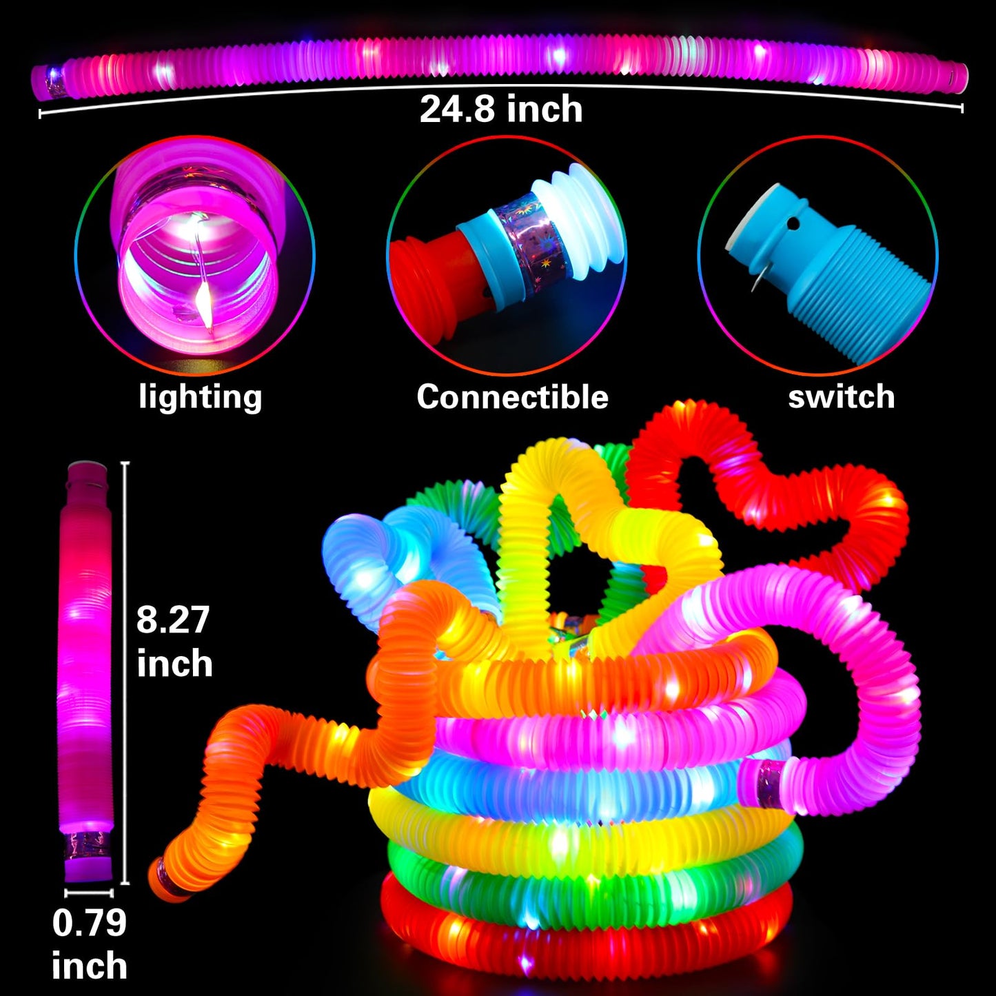 24 pcs Glow Sticks Camping Essentials for Kids, LED Light Up Pop Tubes/Bracelet Party Favors for Kids,Glow in The Dark Party Supplies,Halloween Birthday Gifts Xmas Stocking Goodie Bags Stuffers