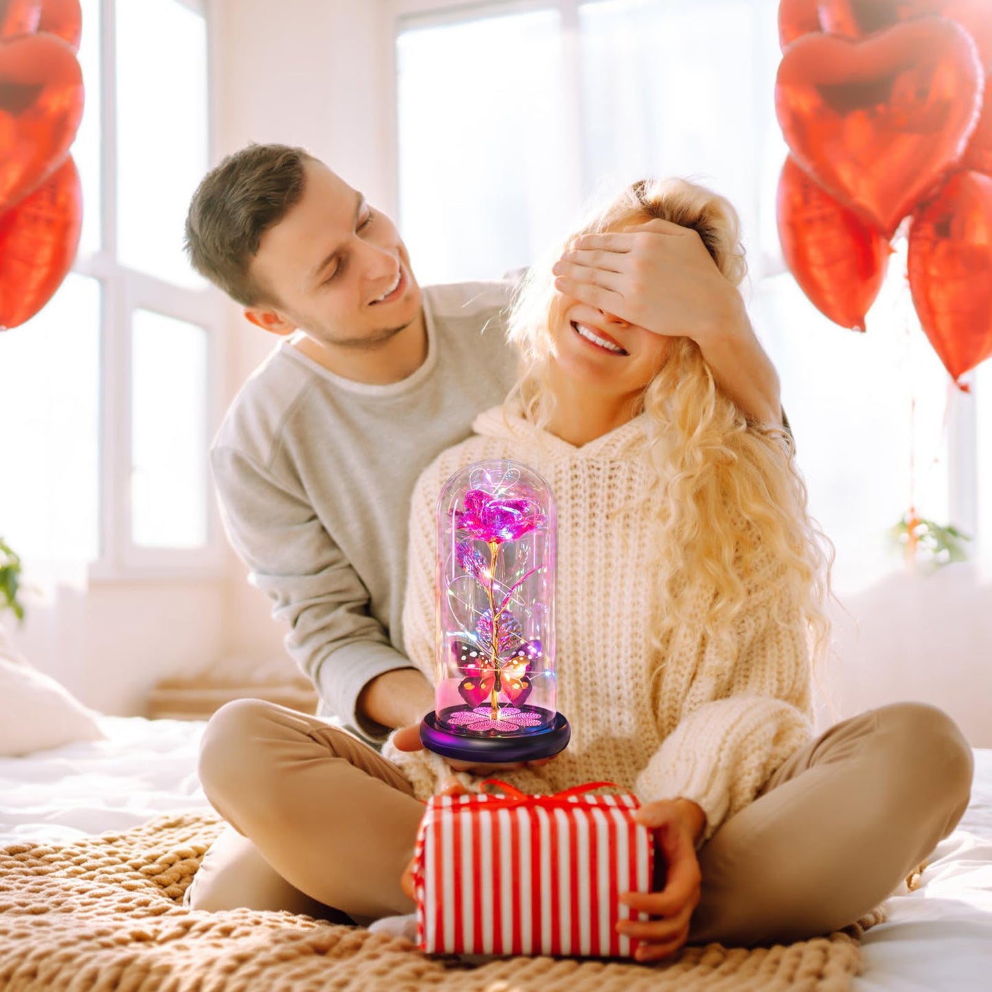 Birthday Gifts for Women Mom, Galaxy Glass Rose Forever Eternal Crystal Flower Light Up Rose in Glass Dome with Butterfly Mothers Day Christmas Rose Gifts for Her Wife Grandma Daughter Friends Pink