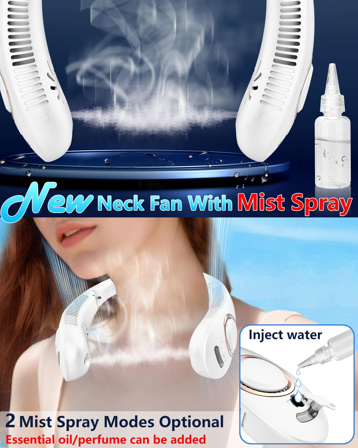 Neck Fan with Mist, Portable Neck Fans that Blow Cold Air,Folding Bladeless Personal Fan Mister, 5 Speeds USB-C Rechargeable Battery Operated Cooling Mising Fan for Women Men Kids White