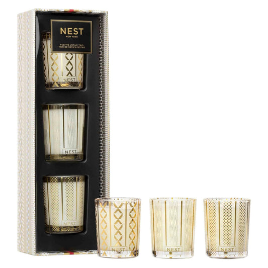 NEST New York Festive Scented Votive Candle Trio - 2 oz Each - Includes Holiday, Birchwood Pine, Crystallized Ginger & Vanilla Bean - Up to 28-Hour Burn Time - Reusable Glass Vessel