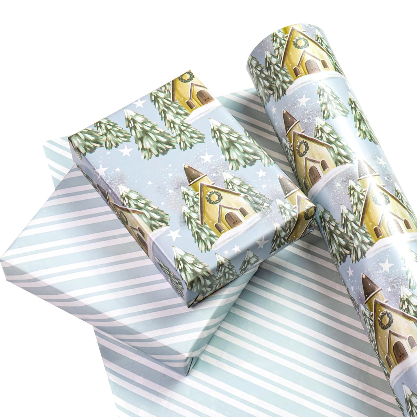 WRAPAHOLIC 30 Inch Jumbo Reversible Christmas Wrapping Paper - 30 Inch X 100 Feet Jumbo Roll Silver and White Christmas Tree and House Printed on Pearlized Paper