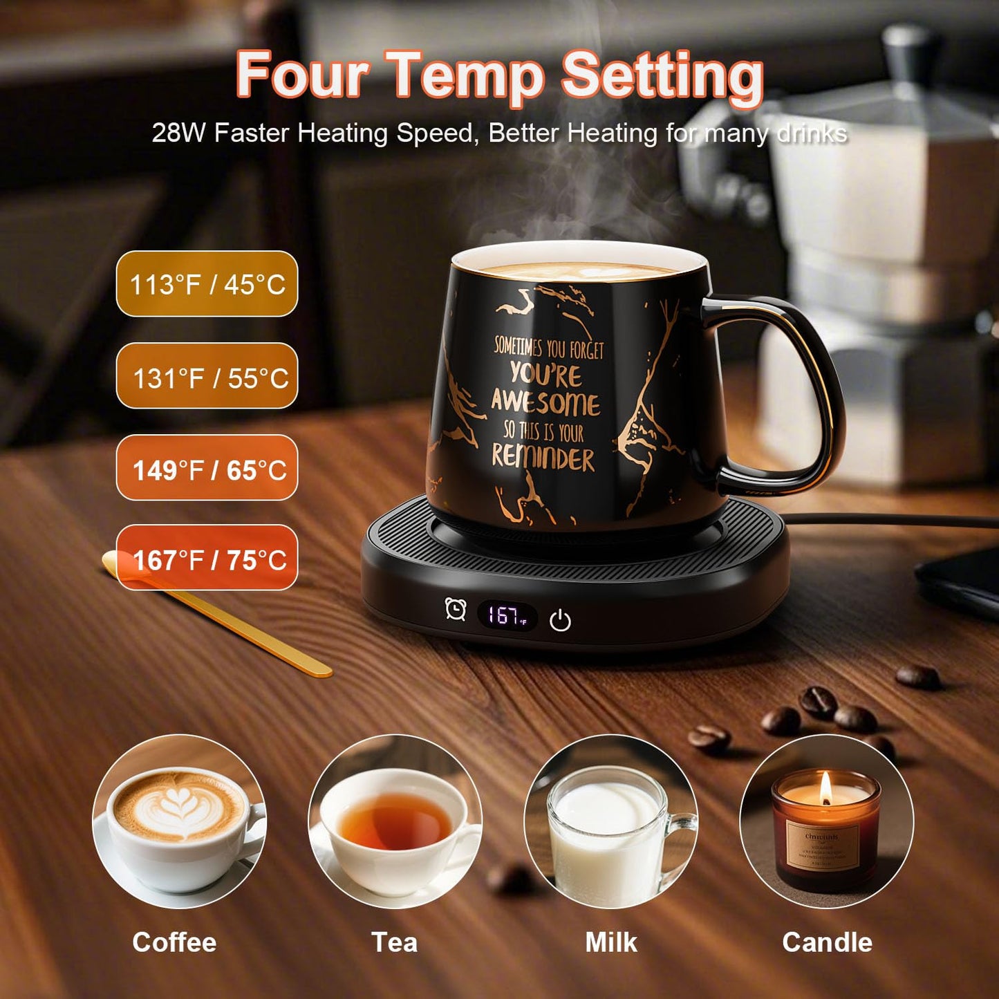 Coffee Mug Warmer, You are Awesome Mug with Coffee Warmer Set, Electric Coffee Cup Warmer for Desk 8H Auto Shut Off, Tea Beverage Warmer with 4 Temperature Setting, Birthday Christmas Women Man Gifts