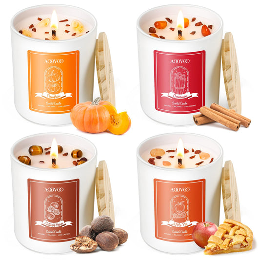AOOVOO Fall Candles Set for Women - 4 Pack Candles for Home Scented, Aromatherapy Candle with Crystals Inside, 28 oz 200 Hour Long Lasting, Autumn Fragrance of Apple Pie/Cinnamon/Pumpkin/Nutmeg Beans