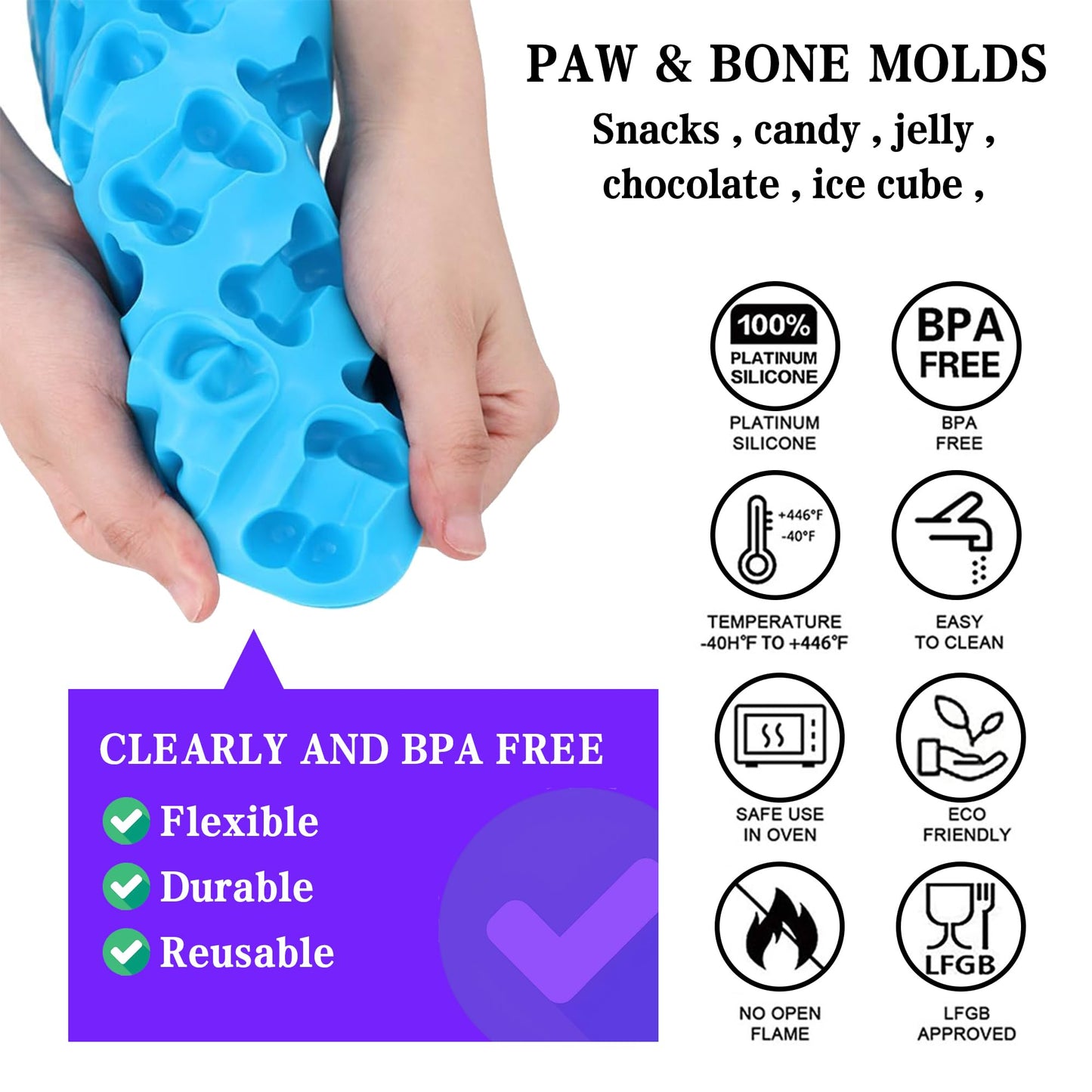 Set of 15 Non-Stick Silicone Dog Treat Molds - Paw and Bone Shapes, Ideal for Frozen Treats, Baking Jelly, Candy, Chocolate, Dog Snack Biscuits
