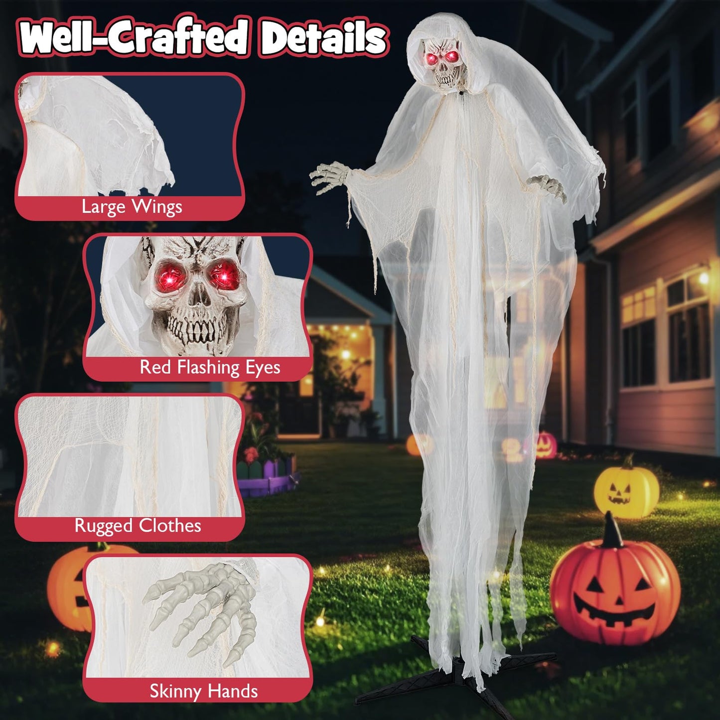 Tangkula 8.3 ft Halloween Standing Haunted Angel, Voice Activated Animatronic Ghost w/Lighted Eyes, Automatic Wing Movement & Terrifying Sounds, Holiday Skeleton Angel Decoration for Indoor Outdoor