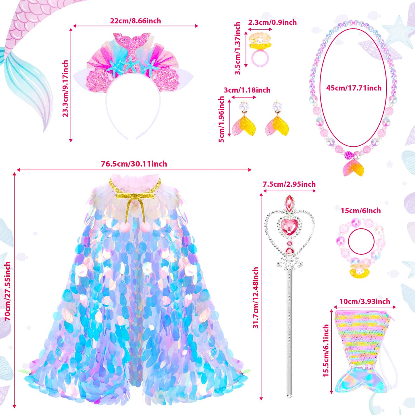 LIMIROLER Princess Dress Up Toys Princess Dress Up Clothes Rainbow Mermaid Cape Kit 9 Pcs Gift Set for Little Girls 3-8 Years Old, Great Gift Set for Birthday Christmas Halloween (Rainbow Pink)