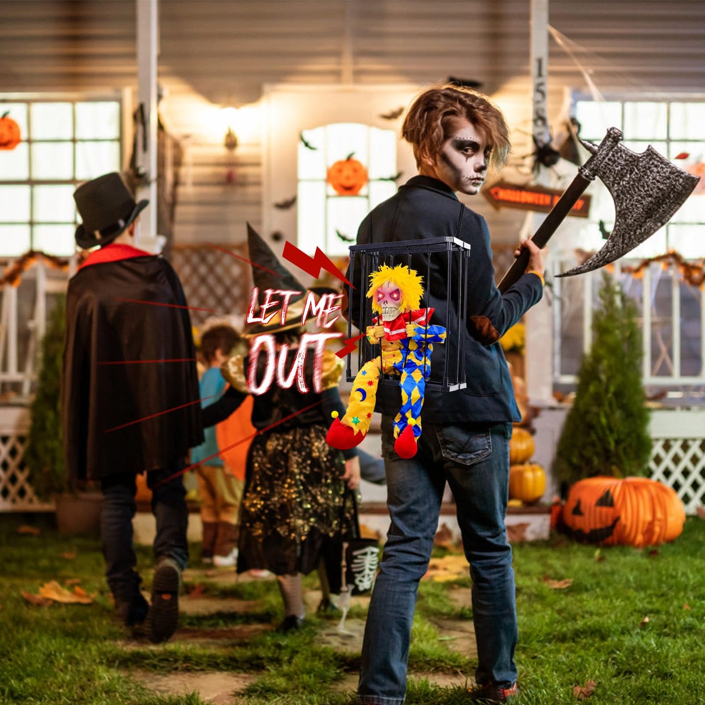 MGparty Halloween Screaming Animated Decorations Halloween Decor Prop with Motion Sensor Scary Skull Cage Prisoner Spooky Hanging Ghost Light Up Eyes