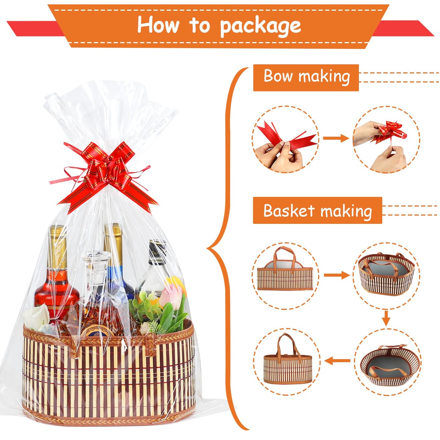 3 Set Baskets for Gifts Empty, Large Woven Bamboo Gift Basket Kit with Handles, Sturdy Empty Gift Baskets to Fill for Baby Shower, Birthday Party Wrapping Gift -3 Cellophane Wrap Bags,3 Gift Cards