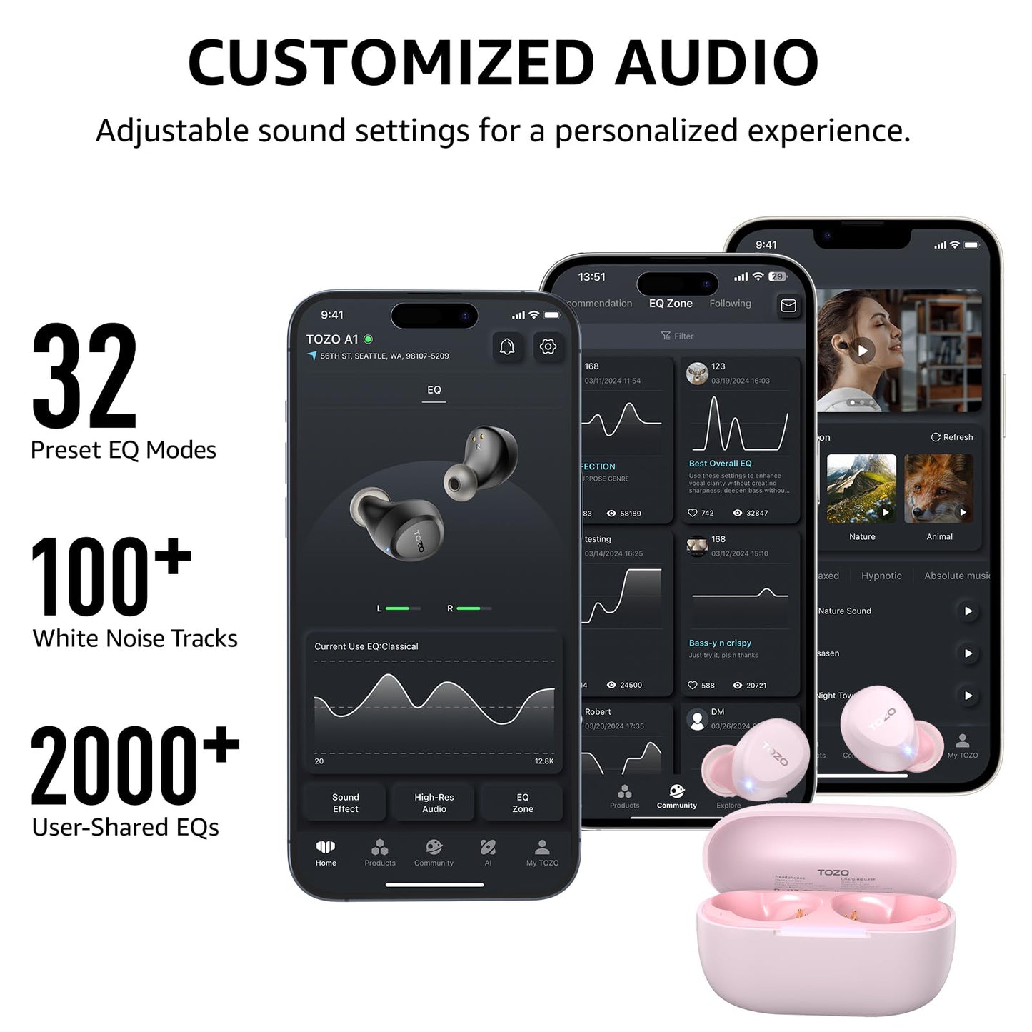 TOZO A1 Wireless Earbuds Bluetooth 5.3 Light Weight in Ear IPX5 Waterproof Headphones 2 Mic for AI Calls, Immersive Premium Sound Bass Headset with Charging Case, 32 Presets EQ Customization via App