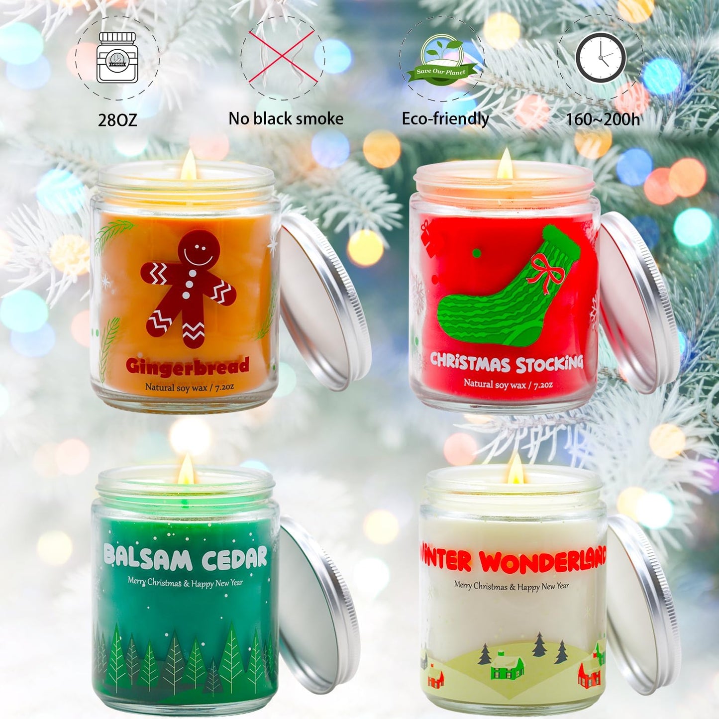 Christmas Candles - Christmas Gifts for Women & Men, 4 Pack Natural Soy Wax with Holiday Scents, Perfect for Christmas, New Year, and Winter Décor