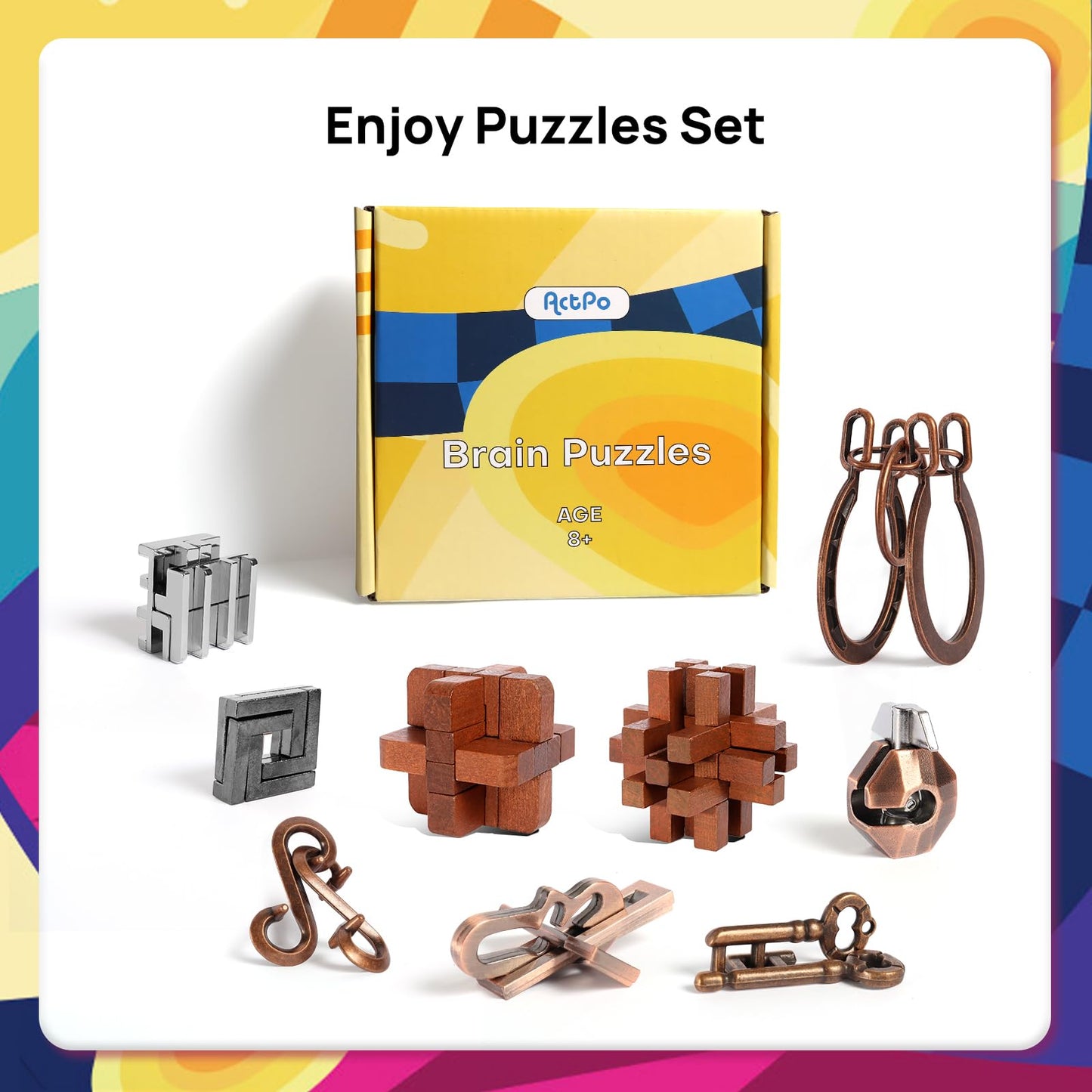 ActPo 9pcs Puzzles Bulk Gift for Kids, Teens, and Adults Retro Wooden and Metal Unlock Interlock Brain Teaser Toys.