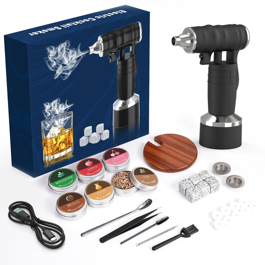 Whiskey Smoker Electric Set Bourbon Christmas Gifts for Men Old Fashioned Smoker Drink With 6 Wood Chips and 6 Whiskey Stones Food and Cocktail Smoked Kitchen Bar Tools Cool White Elephant Gifts Black