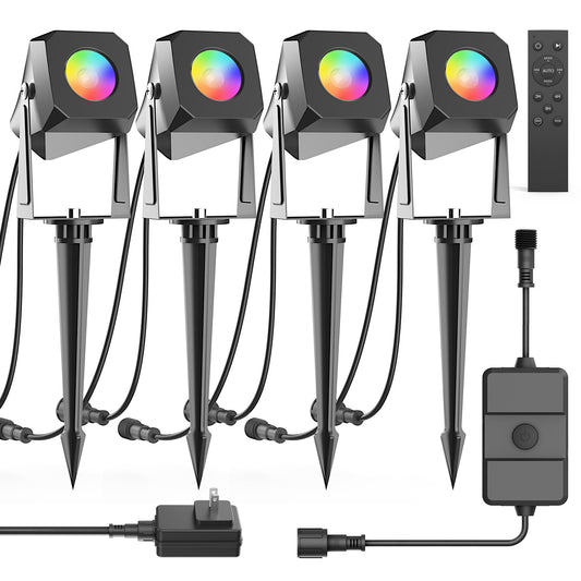 DeckTok RGB Low Voltage Landscape Lighting, 4 Pack Spotlight Outdoor with Remote Control, IP65 Waterproof LED Landscape Lights for Pathway Yard Garden Lawn Patio Decorations