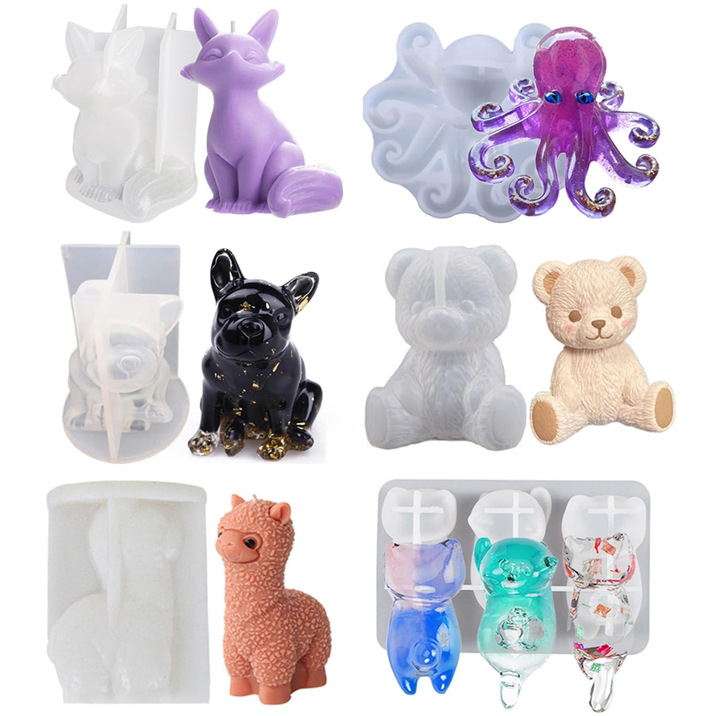 6PCS Animal Resin Mold, Alpaca, Bulldog, Fox, Cat,Bear and Octopus 3D Lifelike Silicone Molds for Epoxy Resin, Unique Display Mould for DIY Crafts Wall Desktop Home Decoration Candle Making (Model B)