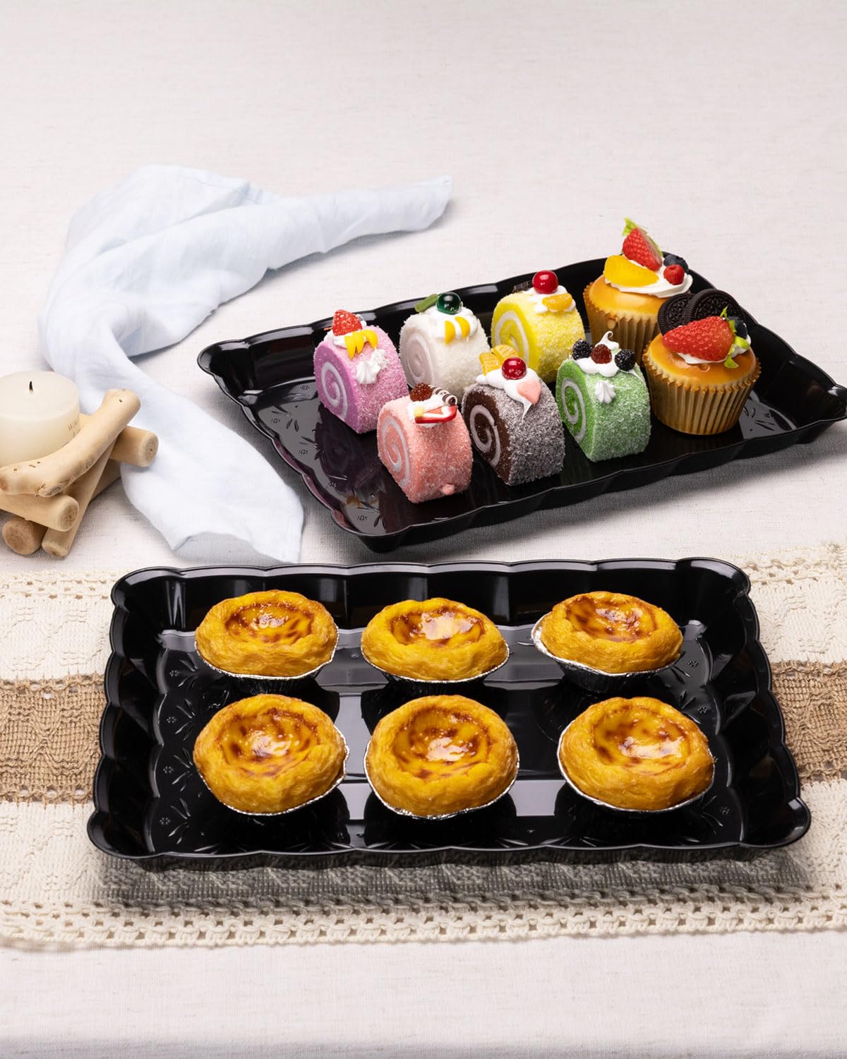 BESTVIP Black Plastic Serving Trays -12 Pack 9x13 Rectangle Flower - Edged Platters for Events, Weddings, Daily Meals, Parties, Snacking, Crafting & Pet Feeding