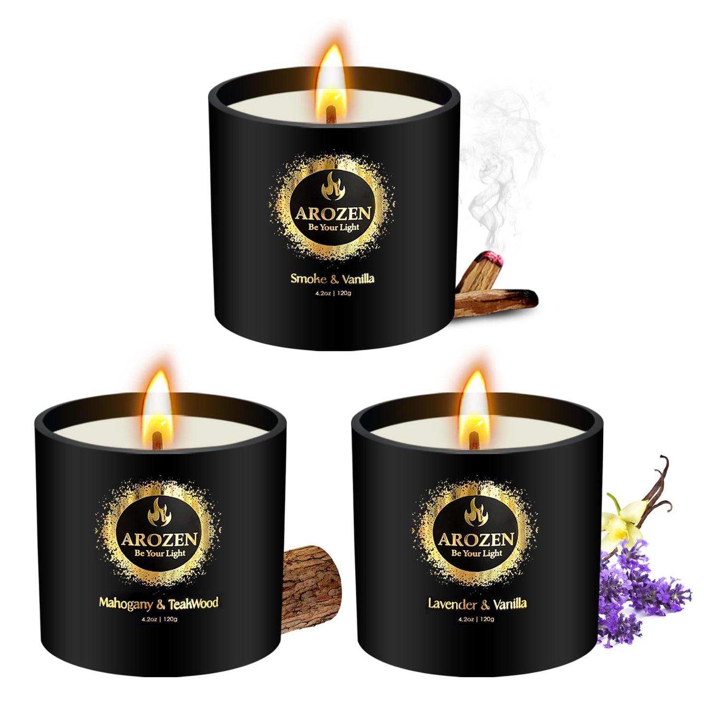 AROZEN 3 Pack Scented Candles Set | Men Candle Gift Set, Aromatherapy Scented Candles for Home, Gifts for Men Dad Fathers Day, Soy Candle of Lavender, Mahogany Teakwood & Smoke Vanilla,70H Burn Time